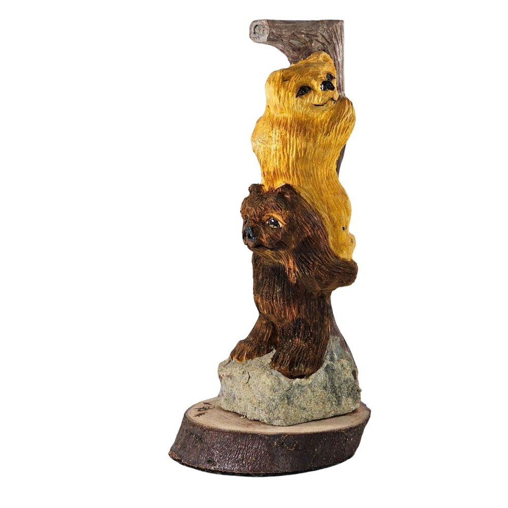 Hand Carved Bear Cubs Climbing Wooden Sculpture W L Bill Payne Oklahoma Folk Art